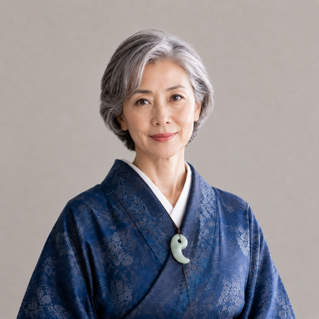 藍色の着物をまとい、穏やかに微笑む澄子